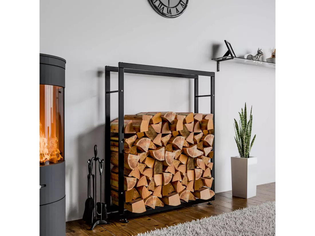 Etagère bois de cheminée - Métal - 25x100x150 cm - Noir - Keri V2
