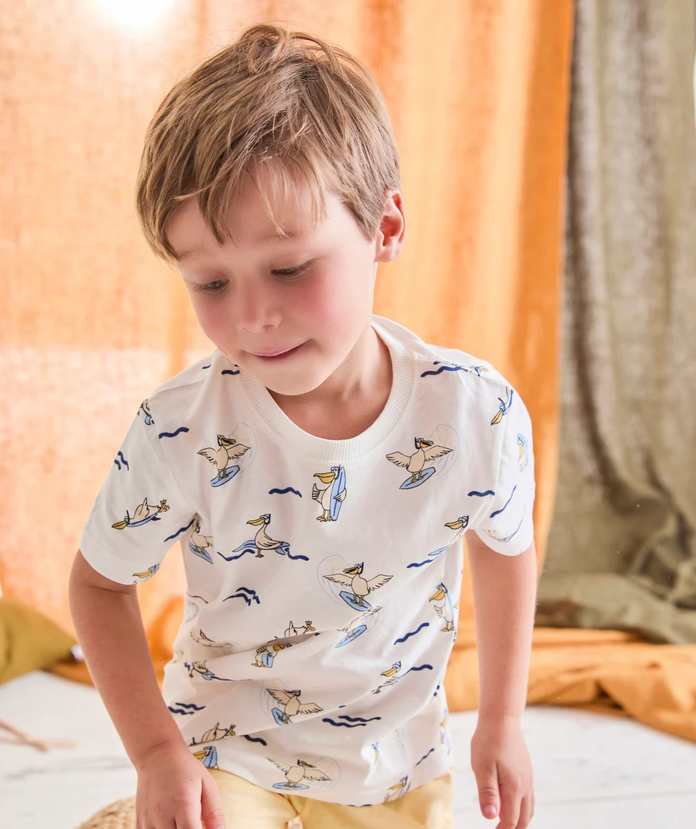 PYJAMA GARÇON EN COTON JAUNE ET IMPRIMÉ PÉLICANS