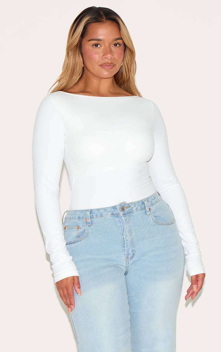 Blanc Body Sculptant Manches Longues Col Bateau Avec Soutien-gorge Intégré Shape