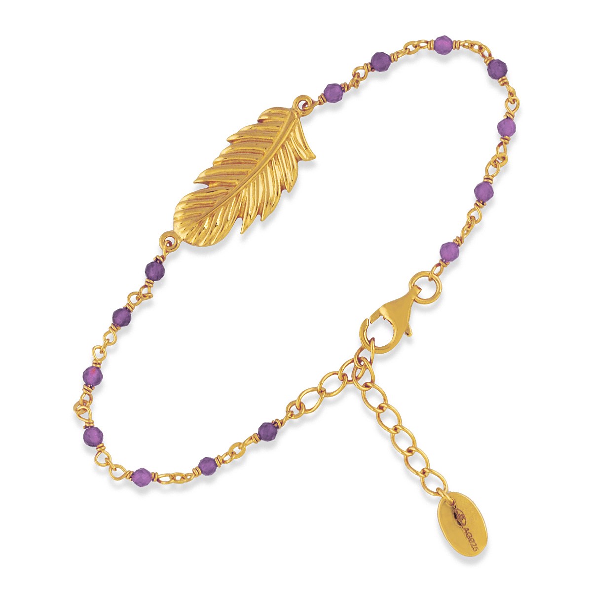 Bracelet En Argent Doré Plume Pierres Amethyste
