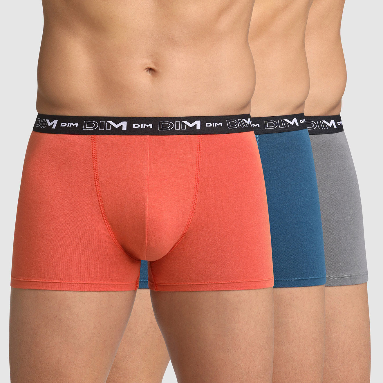 Dim 3 Boxers Coton Stretch roux/bleu bijou/gris volcan