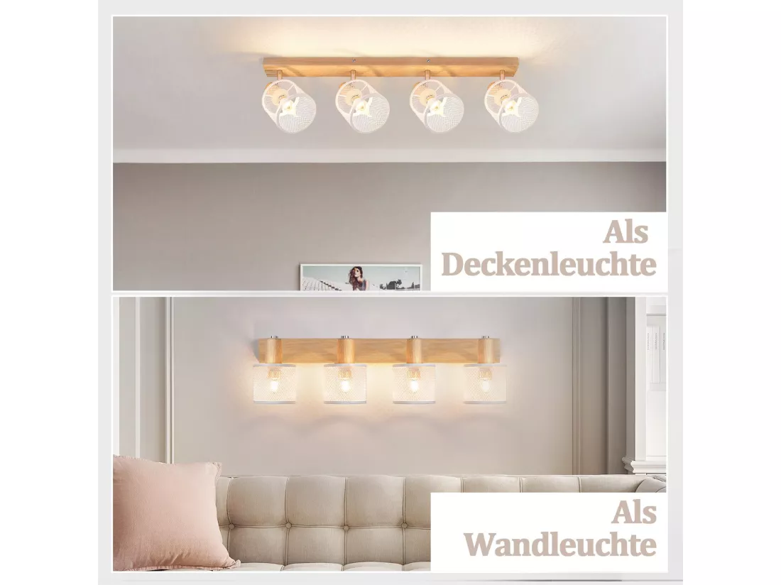 NETTLIFE Plafonnier 4 Spots blanc aspect bois - plafonnier E14 orientable 350° 4 ampoules max 25w moderne pour salon chambre cuisine.