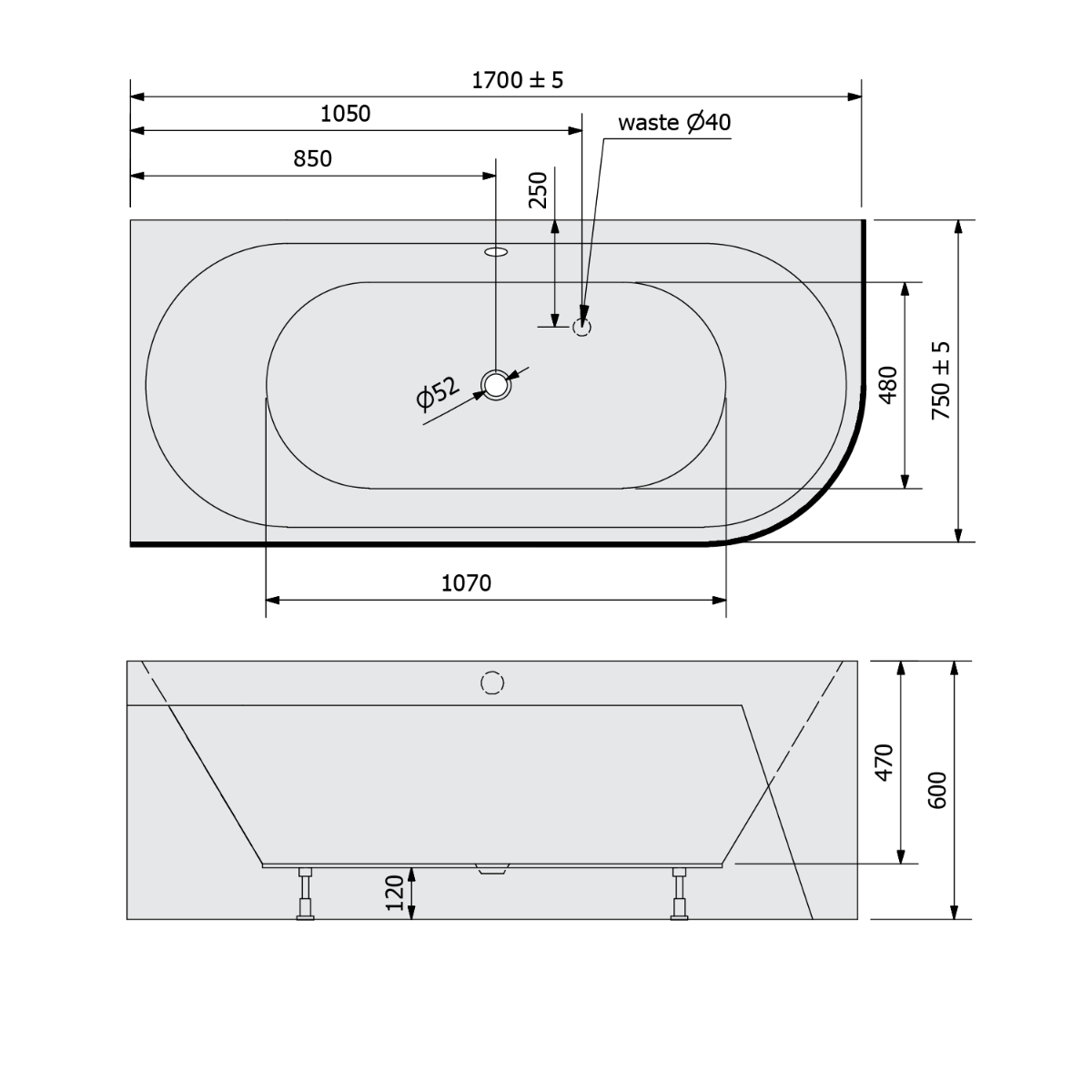 Polysan Monolith ligbad links 170x75x60cm zwart