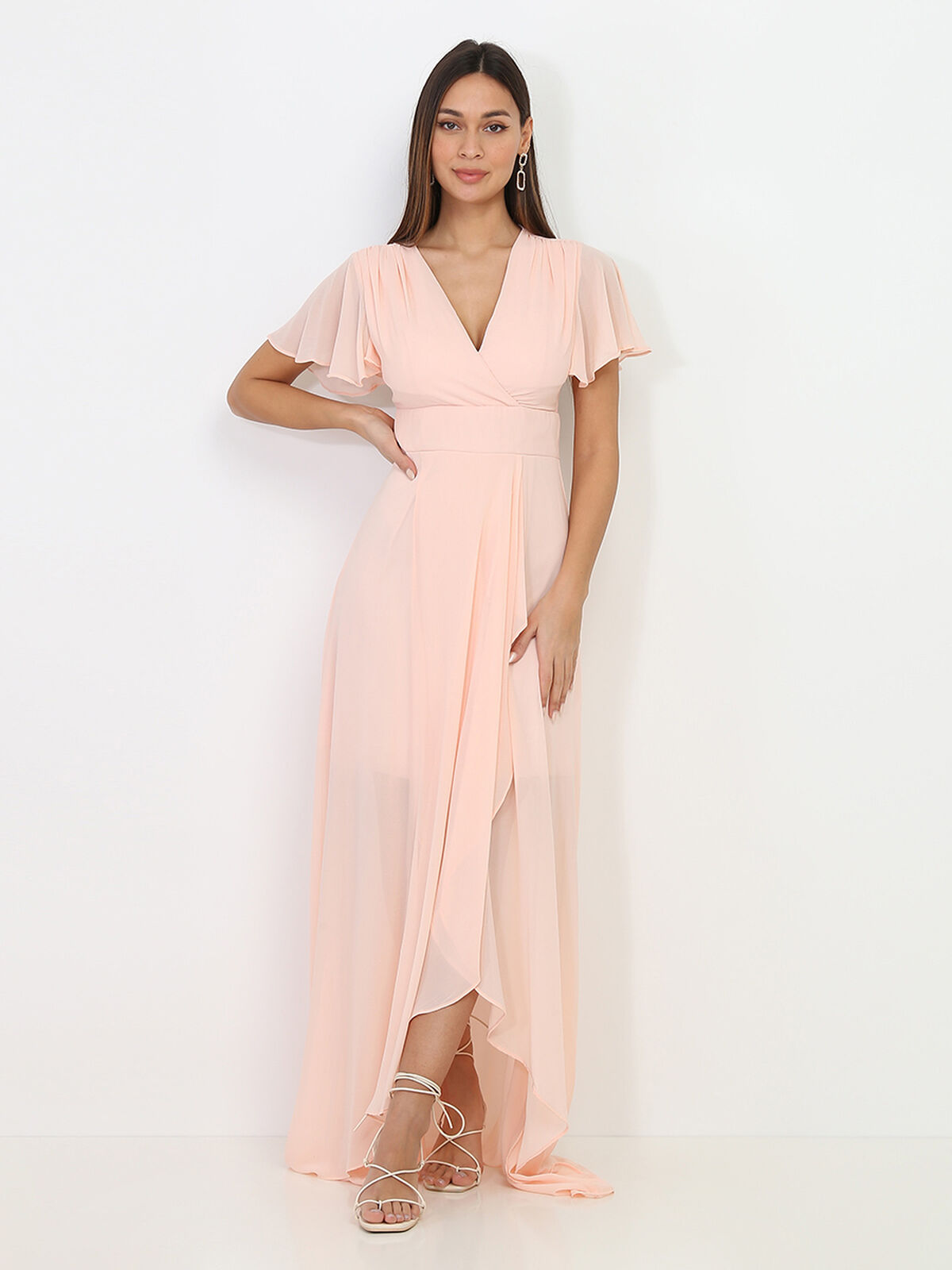 Robe portefeuille à manches papillons- Rose
