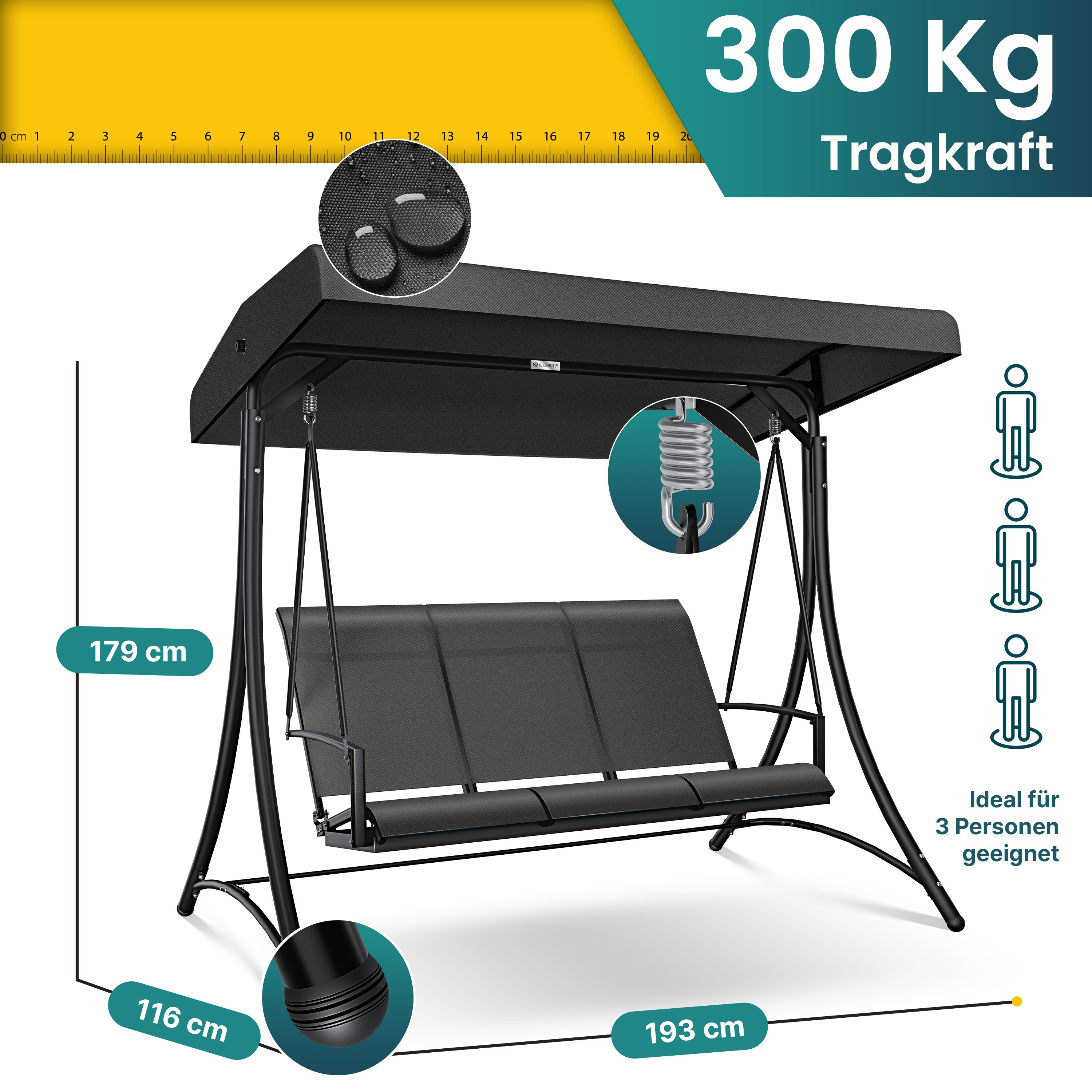 KESSER® Hollywoodschaukel mit Sonnendach 3-Sitzer & Sitzpolster-Auflage | Gartenschaukel bis 360kg belastbar | Gartenliege mit Anti-Rutsch-Füßen | Schaukelbank wasserabweisend für Outdoor & Indoor