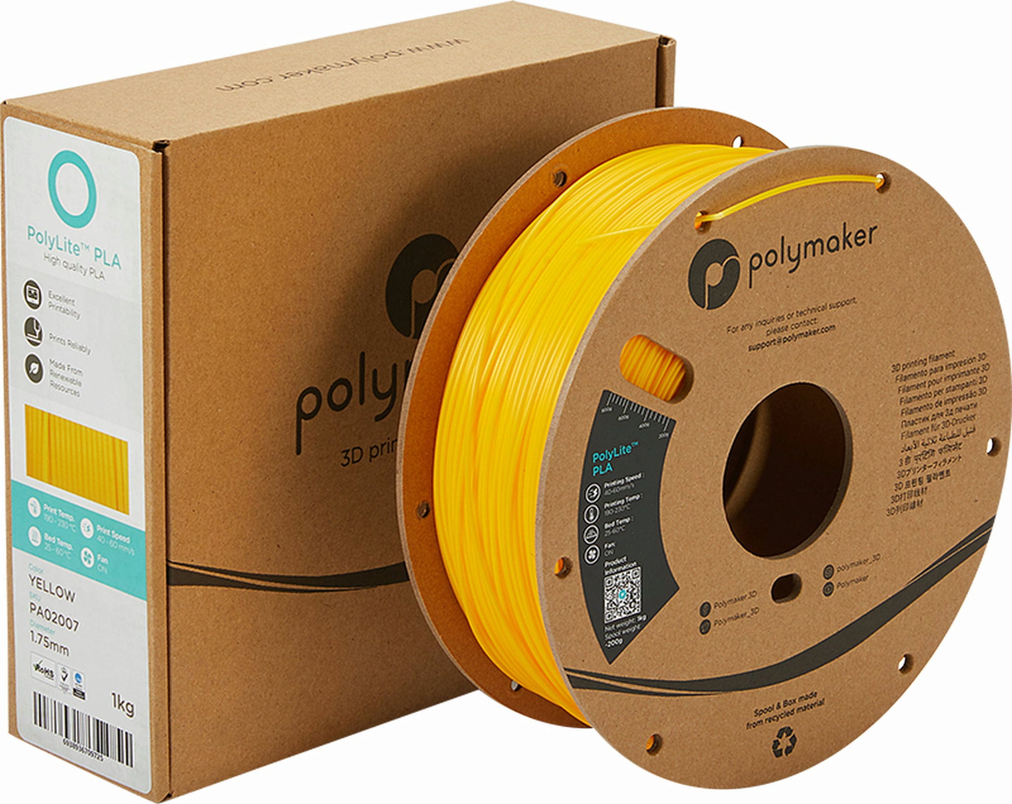 Polymaker  PolyLite PLA Gelb, 1,75 mm (1.000 g)    Hochwertiges günstiges PLA von Polymaker in Gelb