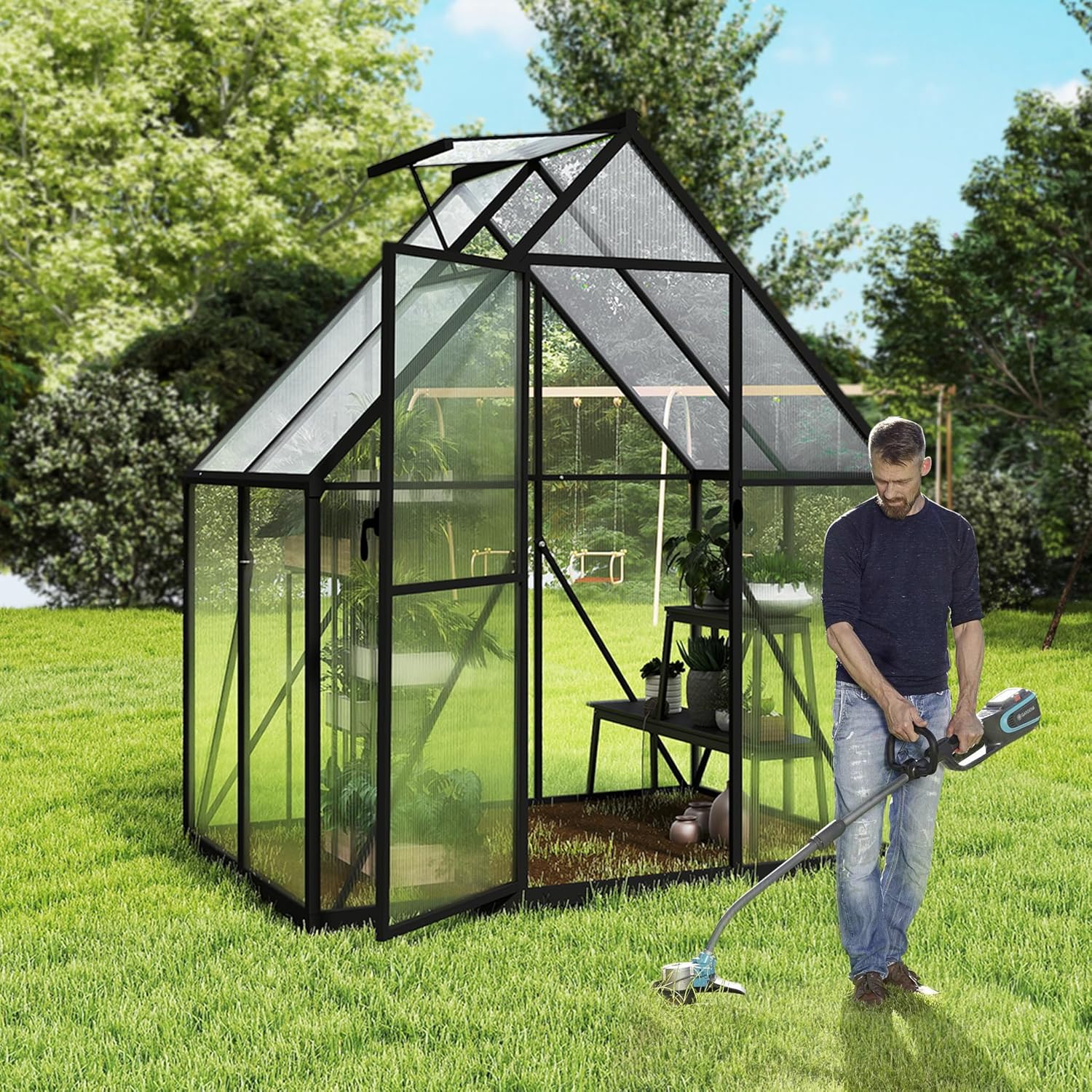 Gartengewächshaus Aluminium mit Fundament 125x180x195 cm Gewächshaus Pflanzenhaus mit Schiebetür und Dachfenster Treibhaus Gartenhaus Winterfest Aufzucht Tomatenhaus (6x4 ft)