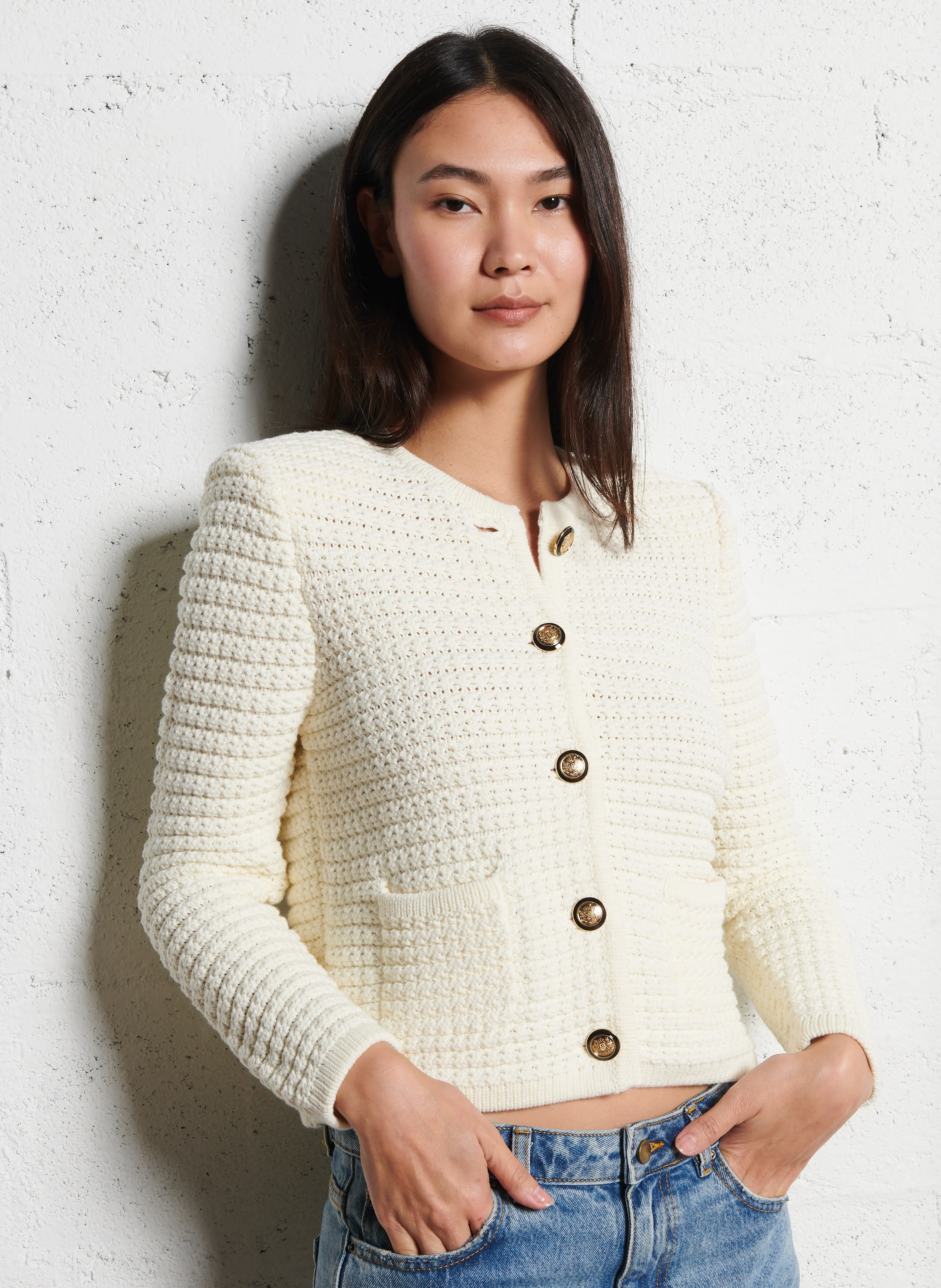 GASPARD - Gilet col rond en coton mélangé | Blanc