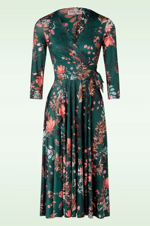 Vintage Chic for Topvintage Colette bloemen swing jurk in donkergroen
