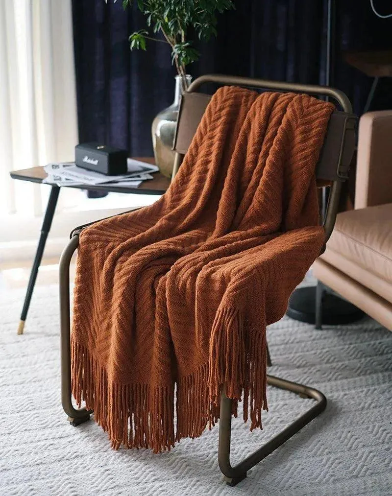 Boon Knitted Zig-Zag Textured Tweed Throw Blankets with Tassels