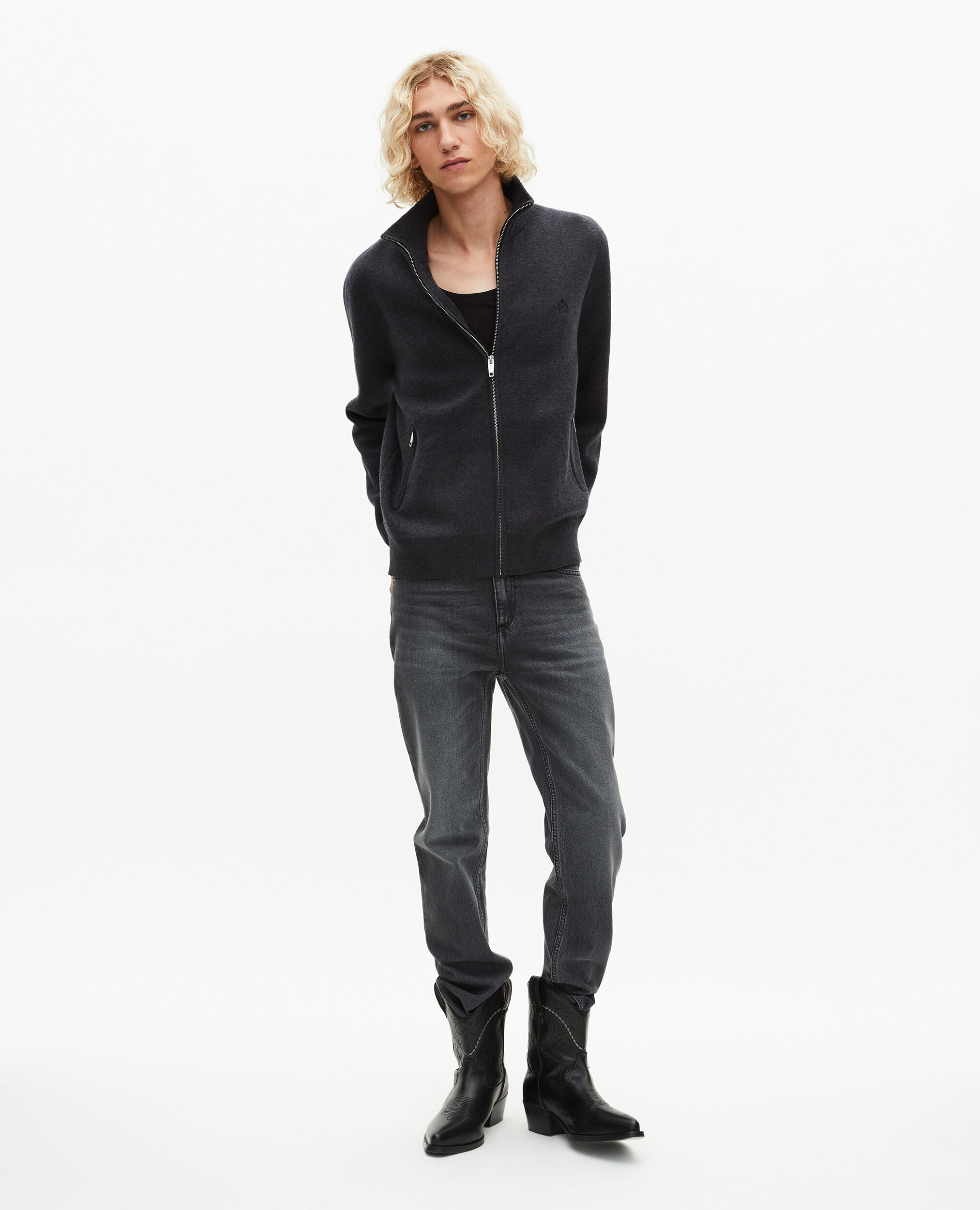 Cardigan en laine double face à zip gris