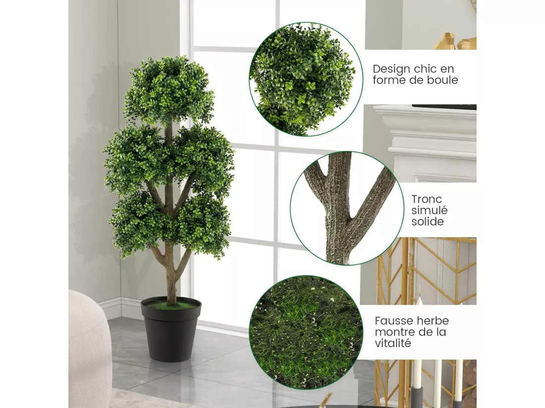 Arbre Topiaire en Buis Artificiel à 5 Boules 115 cm, Fausse Plante de Buis avec Pot Lesté Rempli de Ciment, pour Décoration de Maison Bureau Jardin et Entrée (115 cm)