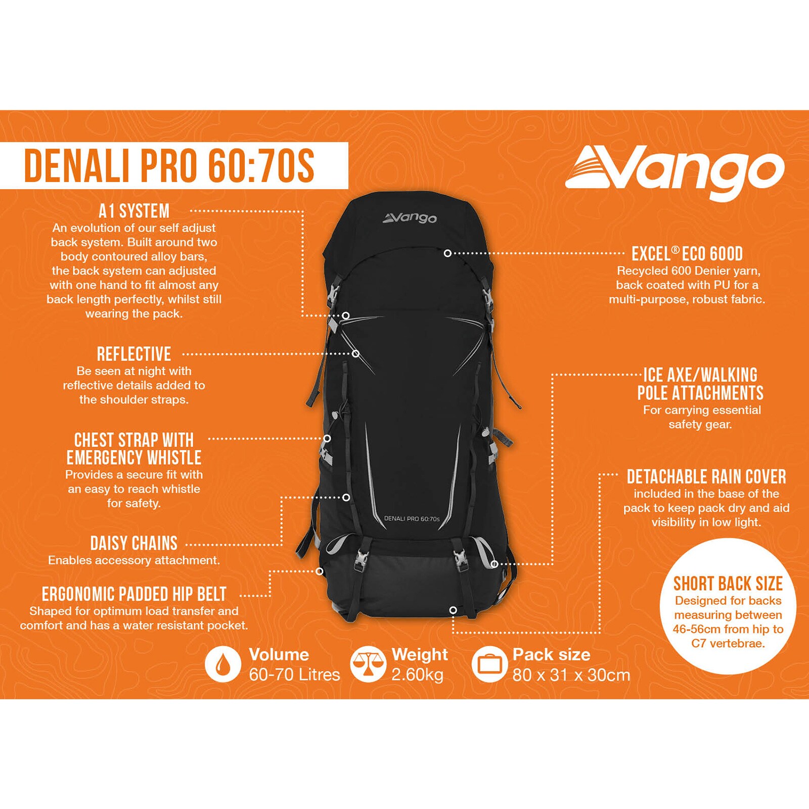 VANGO Trekkingrucksack Denali Pro S 60:70 L Outdoor Wander Rucksack Regenschutz Farbe: black