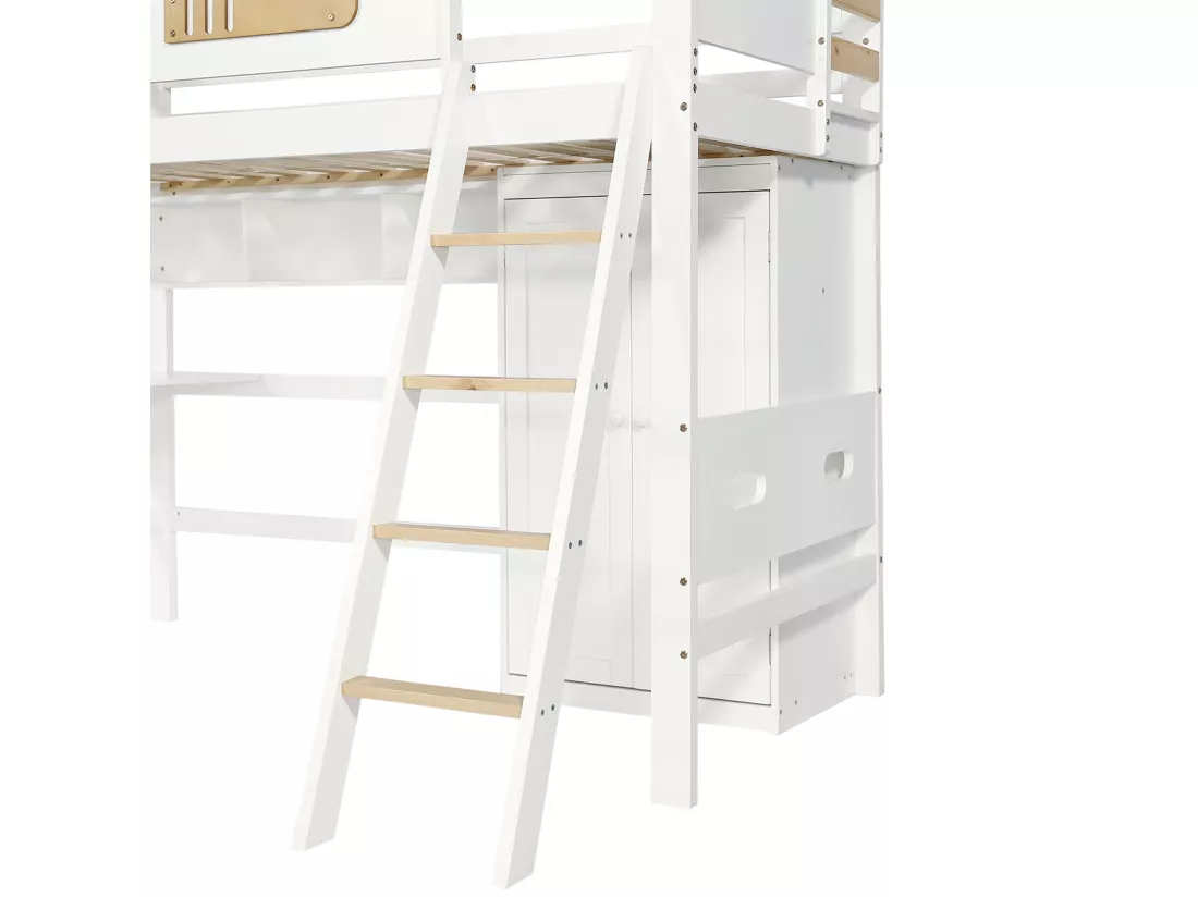 Lit mezzanine en bois - 90x200 cm - avec étagères、bureau et armoire - Blanc