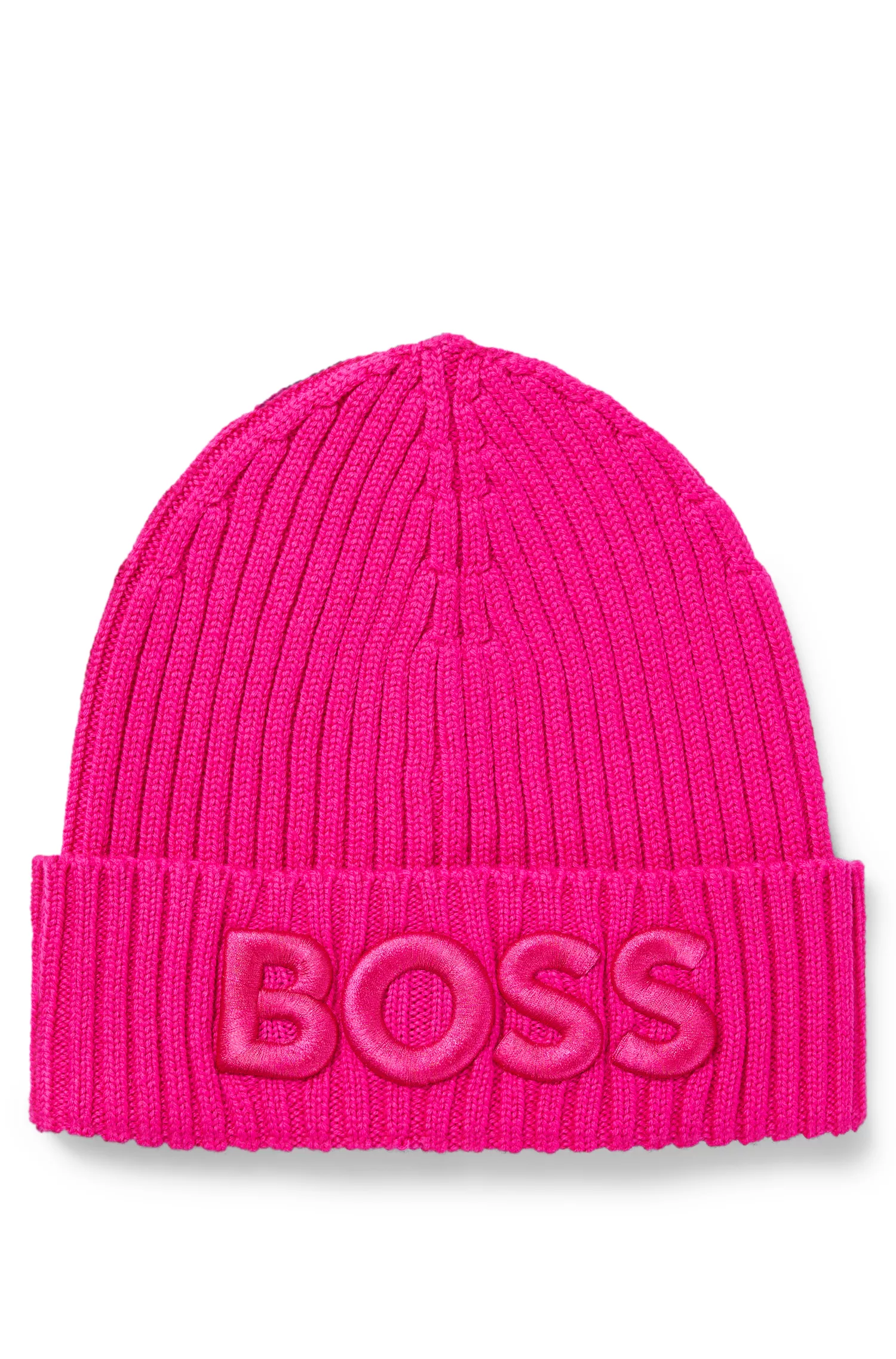 Gorro de malha canelada BOSS com logotipo preto bordado, em lã virgem.