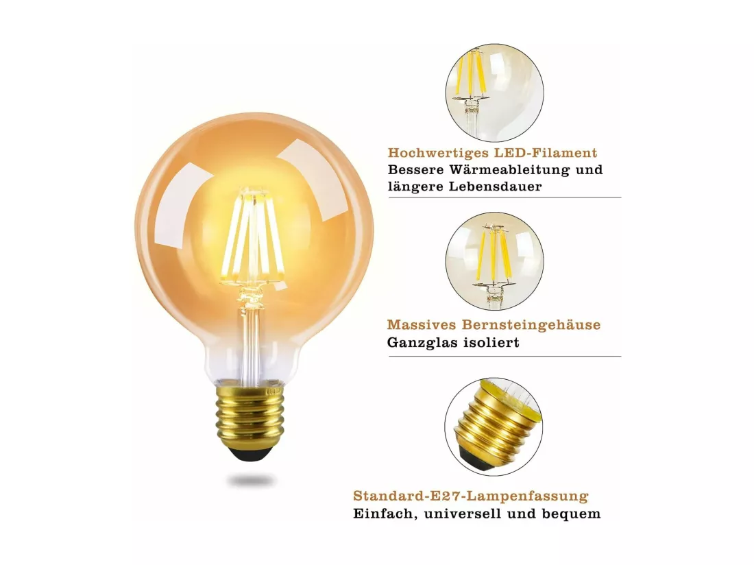 NETTLIFE Pack de 6 ampoules LED E27 lampe vintage - ampoules à filament blanc chaud G95 2700K 4W Edison idéales pour maison hôtel café bar