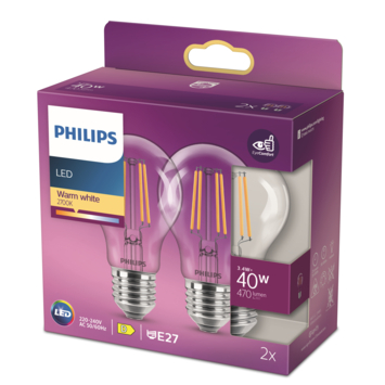 Philips LED peer E27 3,4W filament helder niet dimbaar 2 stuks