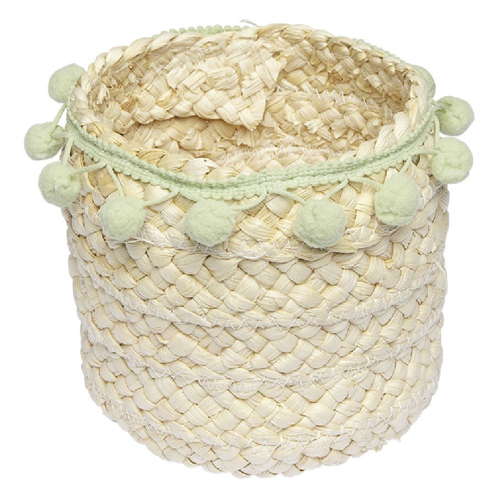 Panière ronde en jonc naturel avec pompons vert Ø16 cm