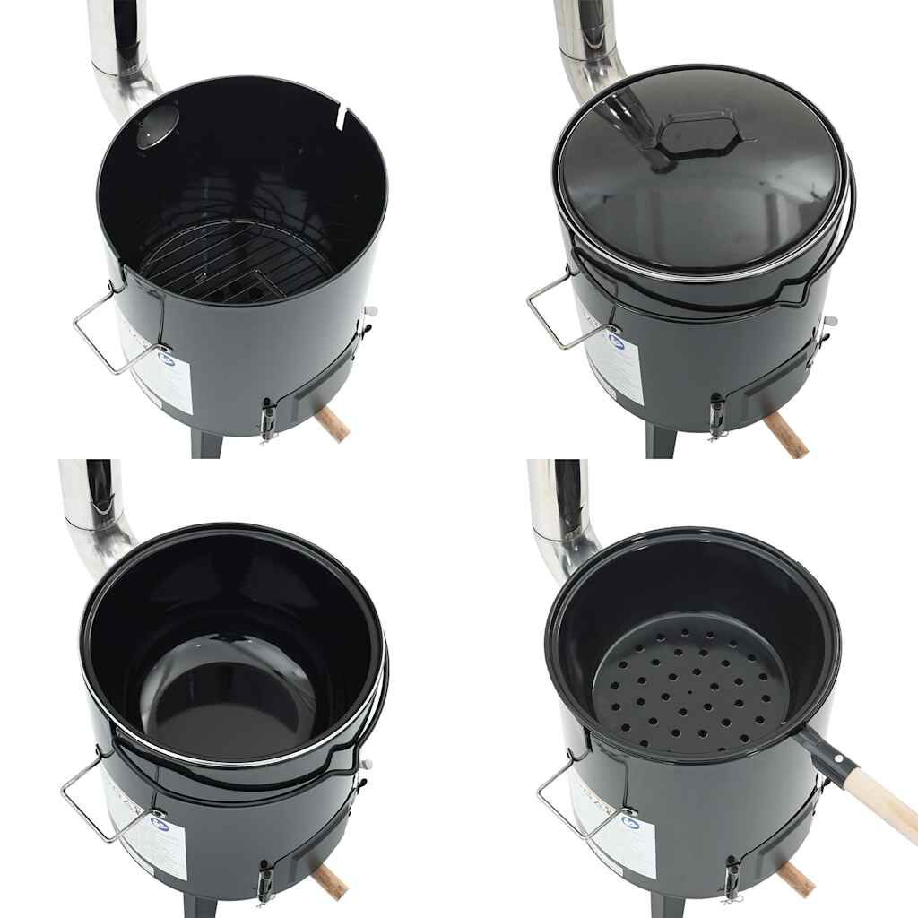 vidaXL Ketel met open haard, schoorsteen en deksel, staal, zwart emaille