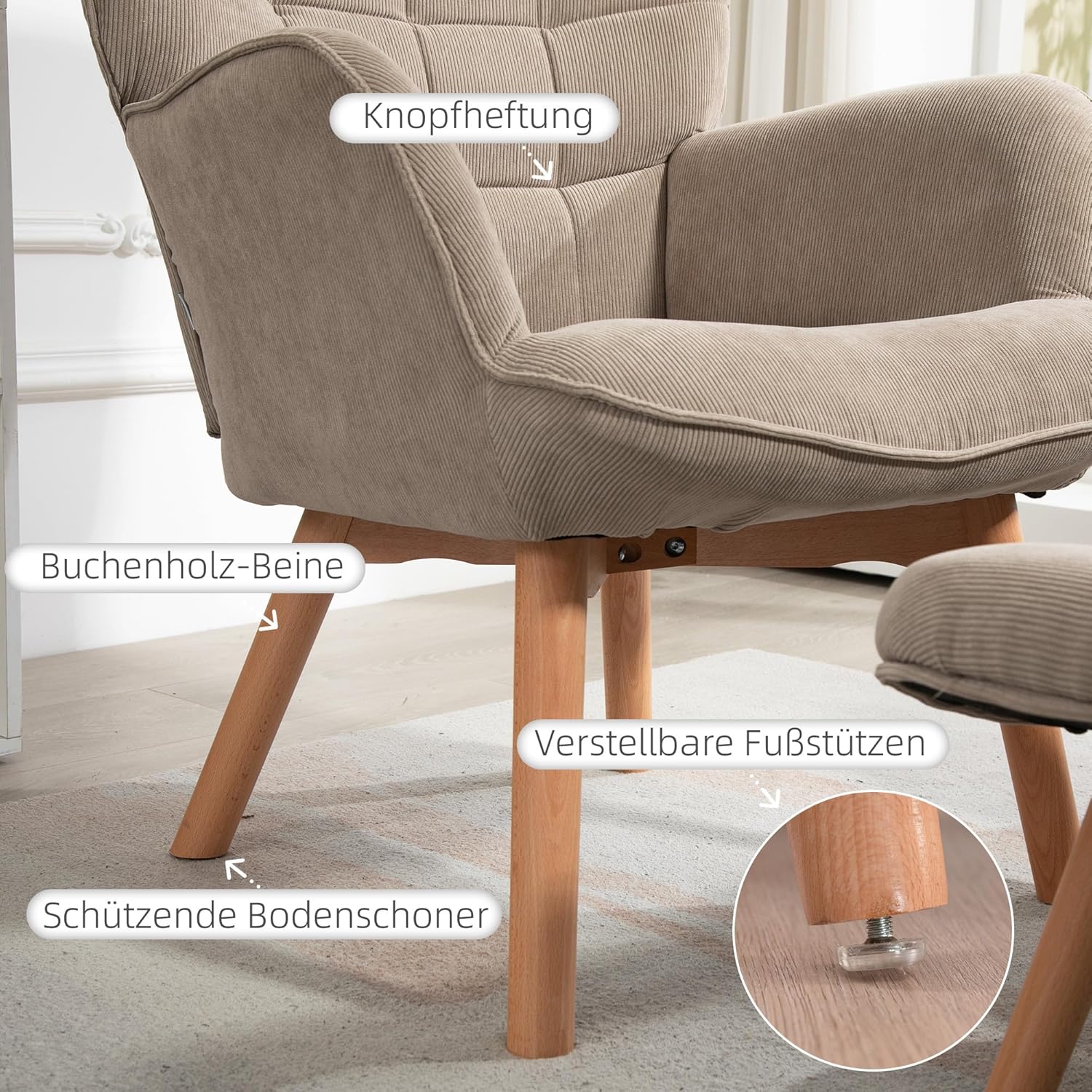 HOMCOM Ohrensessel mit Hocker Sessel Loungesessel mit Cord-Optik, Modern Relaxsessel, Armlehnensessel Lesesessel für Wohnzimmer, Schlafzimmer, Hellbraun