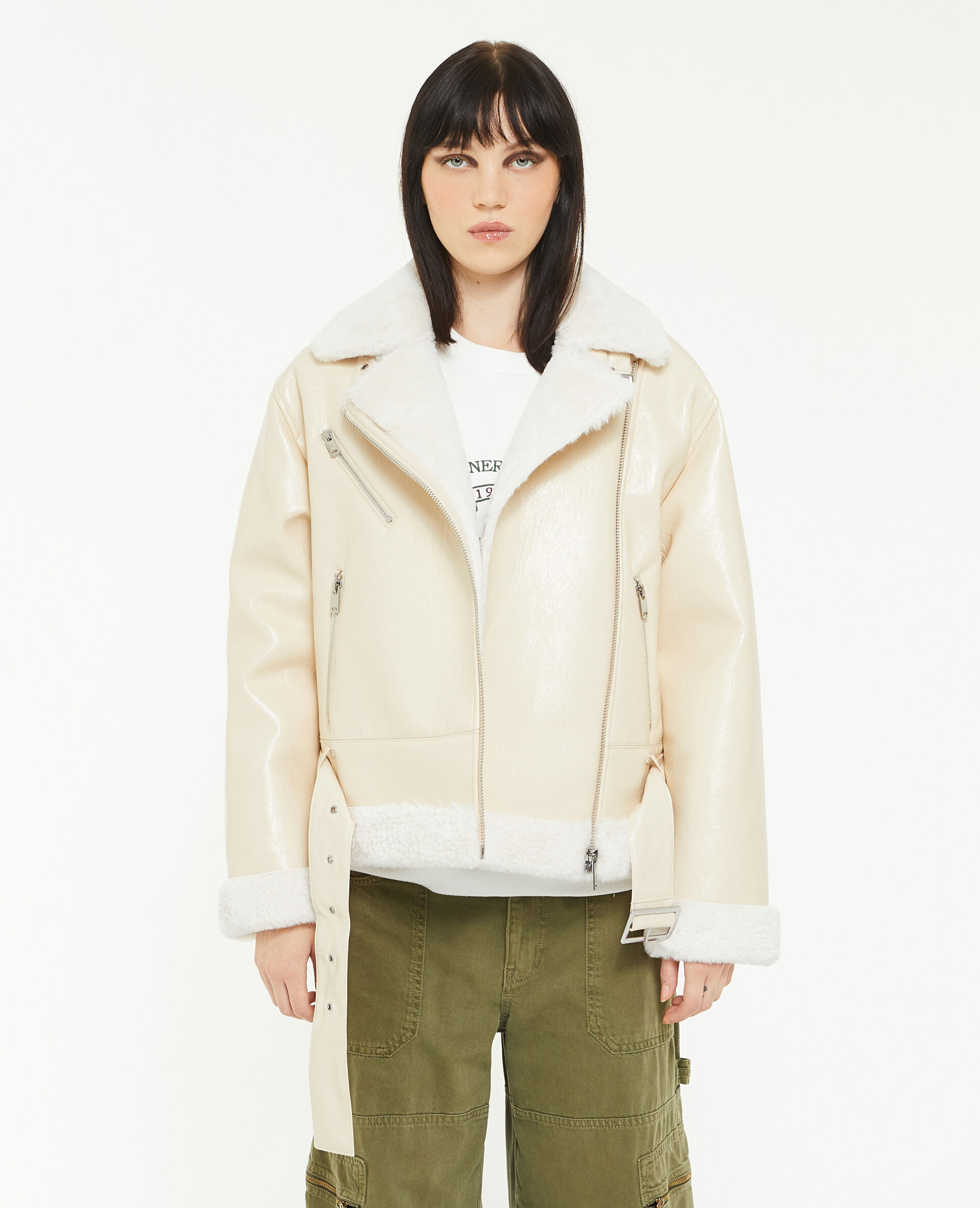 Blouson simili cuir avec doublure fourrure - Sable