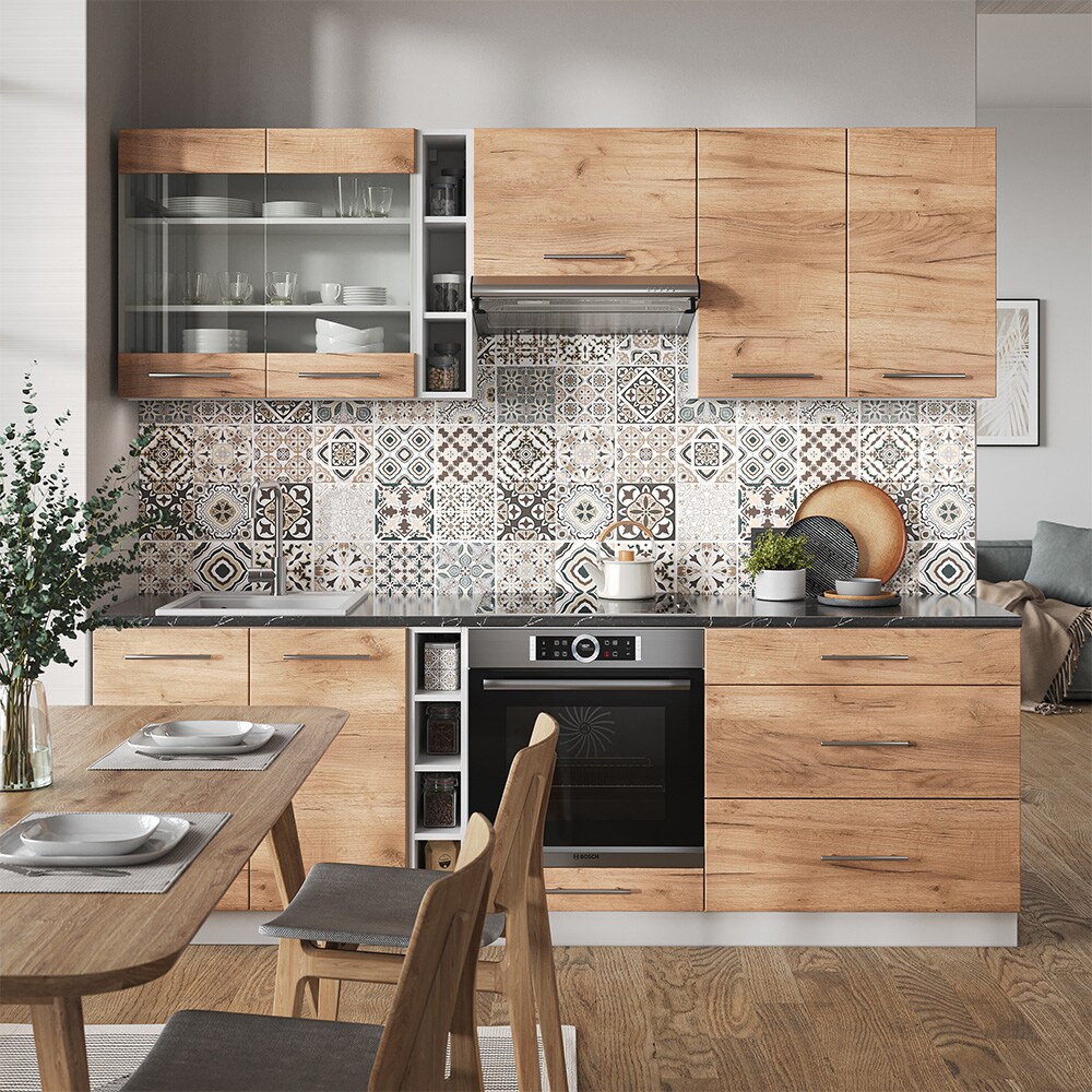 Vicco Küchenzeile Küchenblock Einbauküche Fame-Line Weiß Eiche Goldkraft 235 cm modern Küchen Schränke Hängeglasschrank Hängeschrank Schubladenunterschrank Spülenunterschrank Herdumbauschrank
