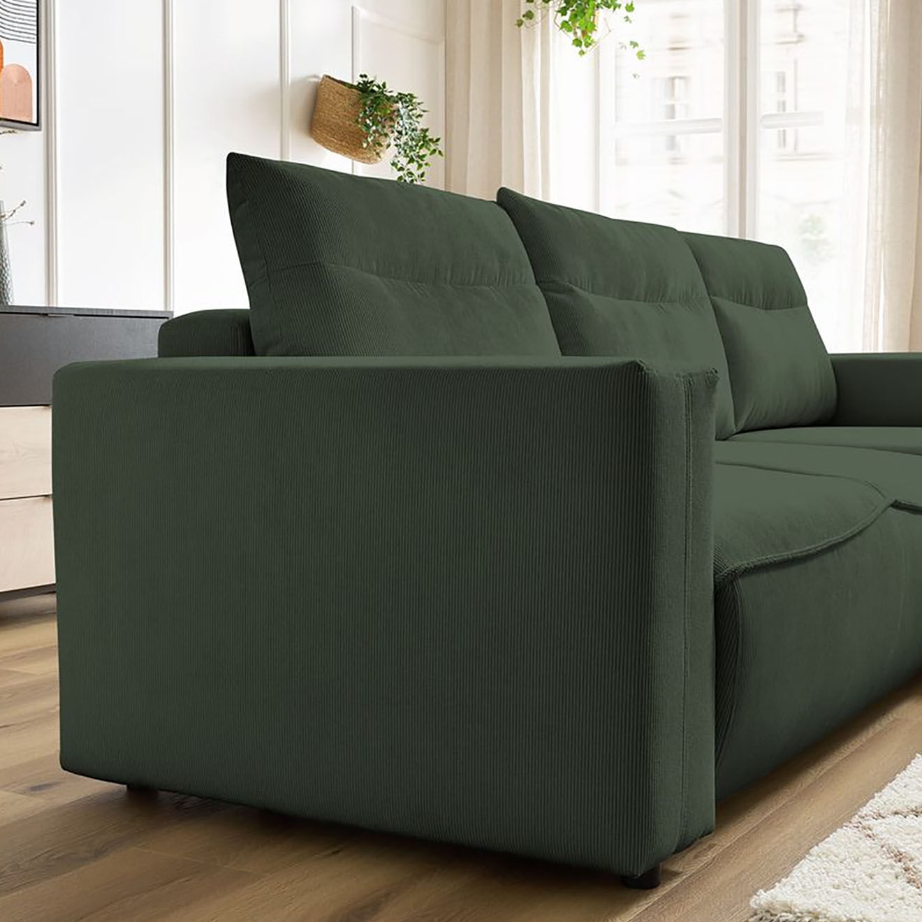 Bobochic Canapé d'angle droit convertible coffre jasmin velours côtelé vert - 256x158x90 cm