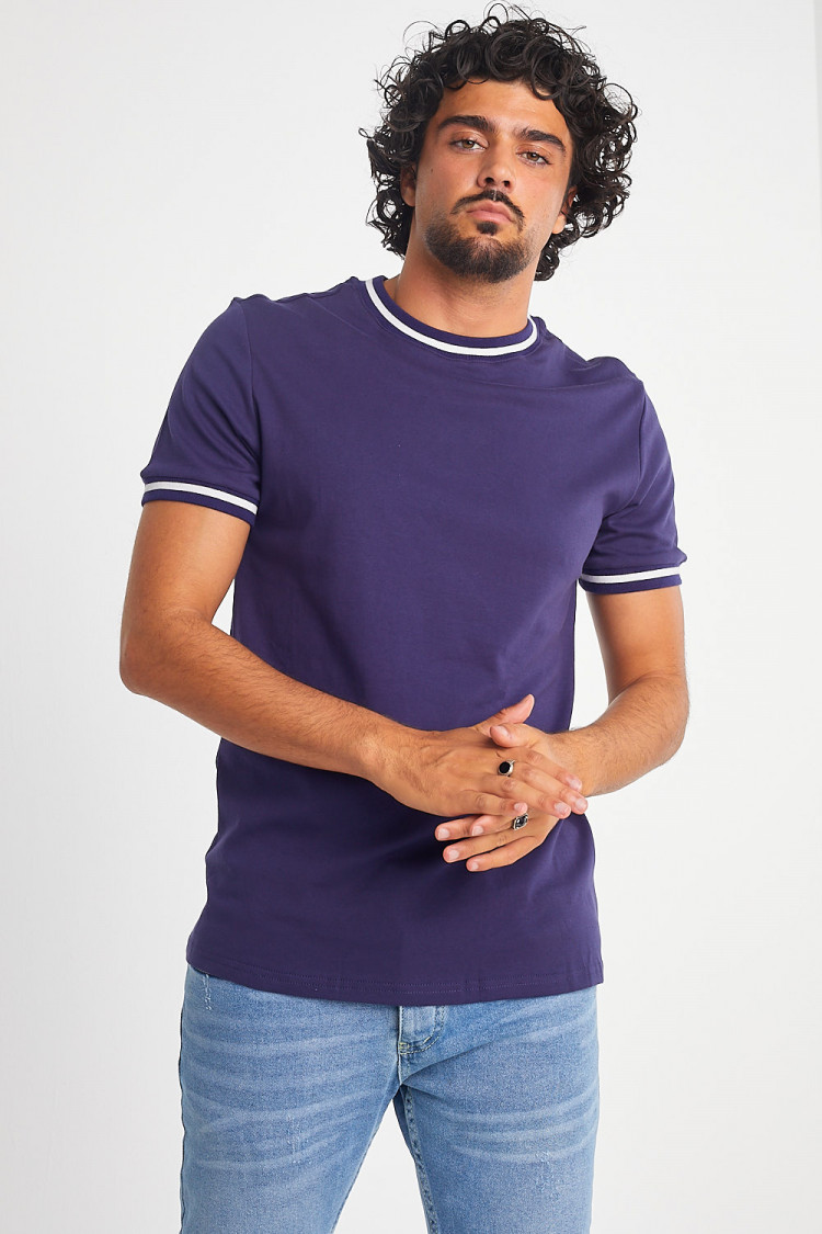 T-shirt bleu foncé col rond à bandes blanches