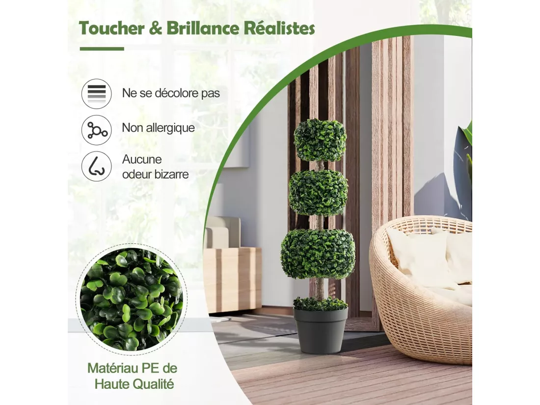 Arbre Topiaire en Buis Artificiel 75 cm de Forme Triple Carrée, Fausse Plante de Buis avec Pot en Plastique Rempli de Ciment, pour Décoration de Maison Bureau Jardin et Entrée