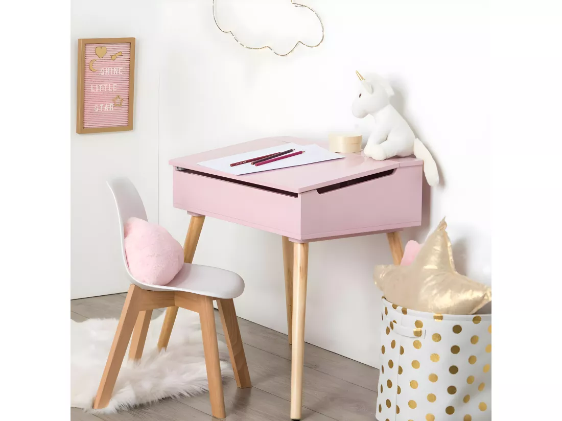 Pupitre d'écolier rose avec couvercle rabattable