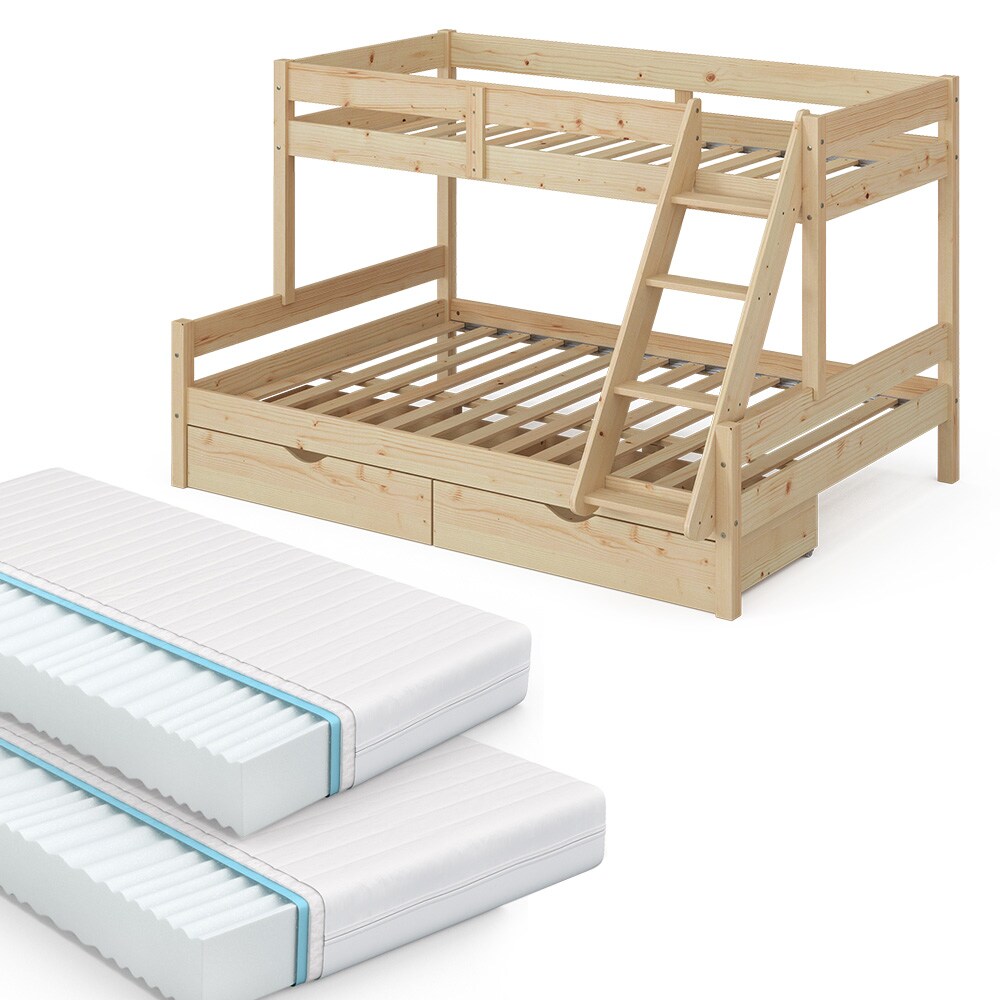 VitaliSpa Hochbett Kinderbett Spielbett Everest Natur modern 140x200 Massivholz Kinderzimmer Bett Lattenrost Bettleiter Kletterbett Doppelbett Geschwisterbett Bettschublade Rollschublade Matratze