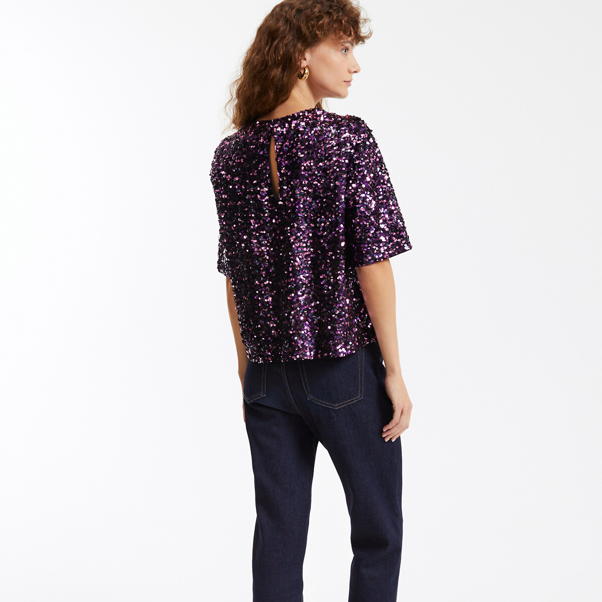 COLEÇÕES LA REDOUTE<br>Camisa com lantejoulas, gola redonda e mangas curtas