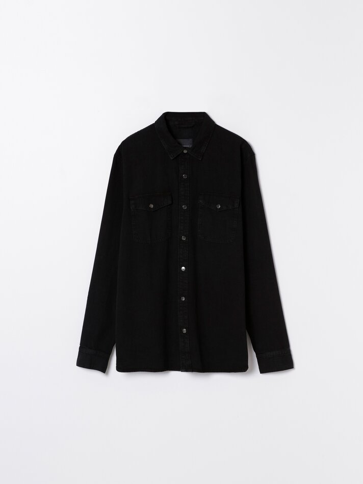 Camisa jeans de manga comprida - Preta