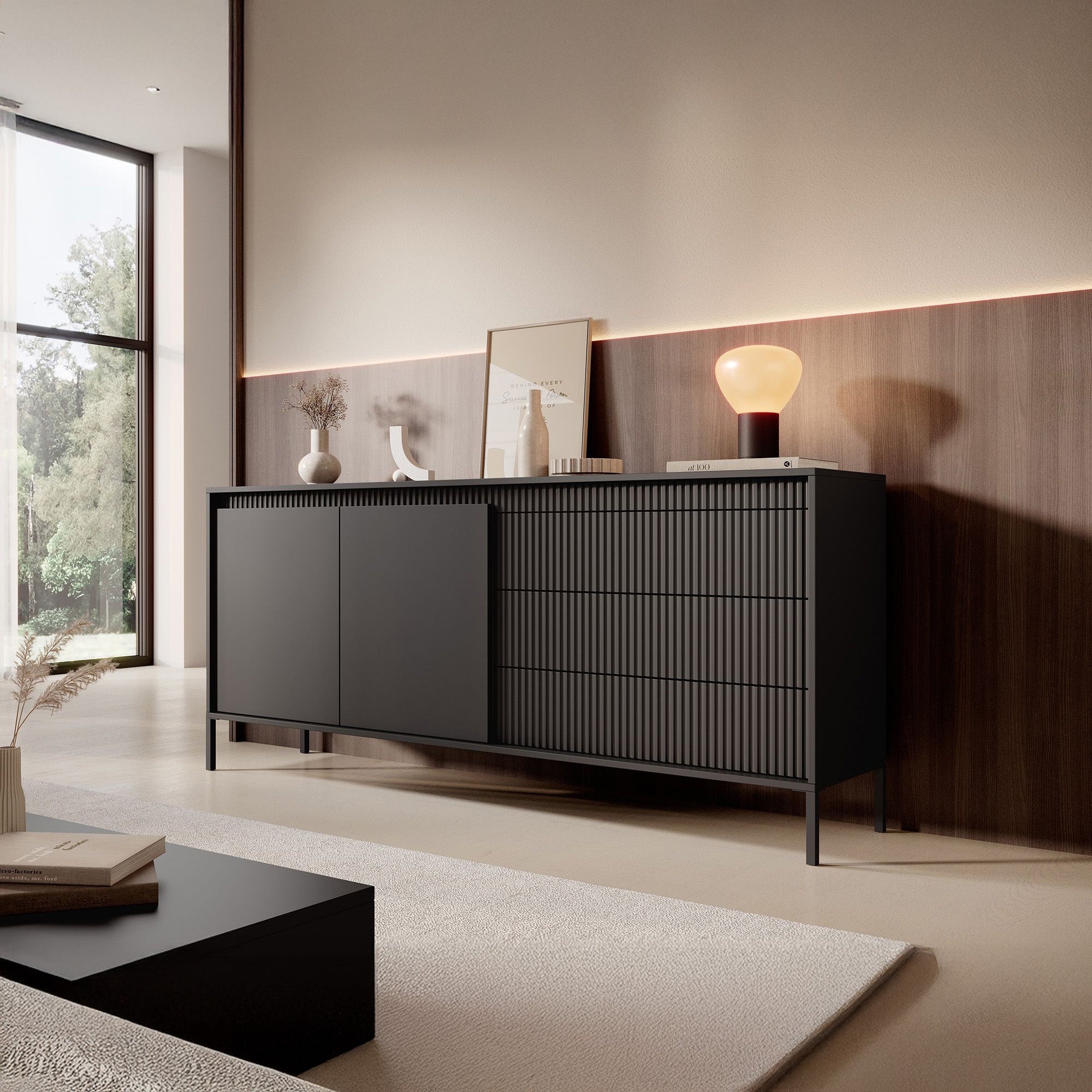 Meubella - Dressoir Saran - Mat zwart - 187 cm