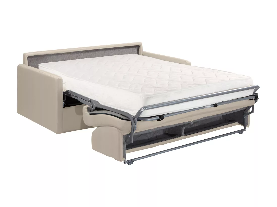 Canapé 3 places convertible express en tissu beige - Couchage à lattes larges 140 cm - Matelas 18 cm CALIFE