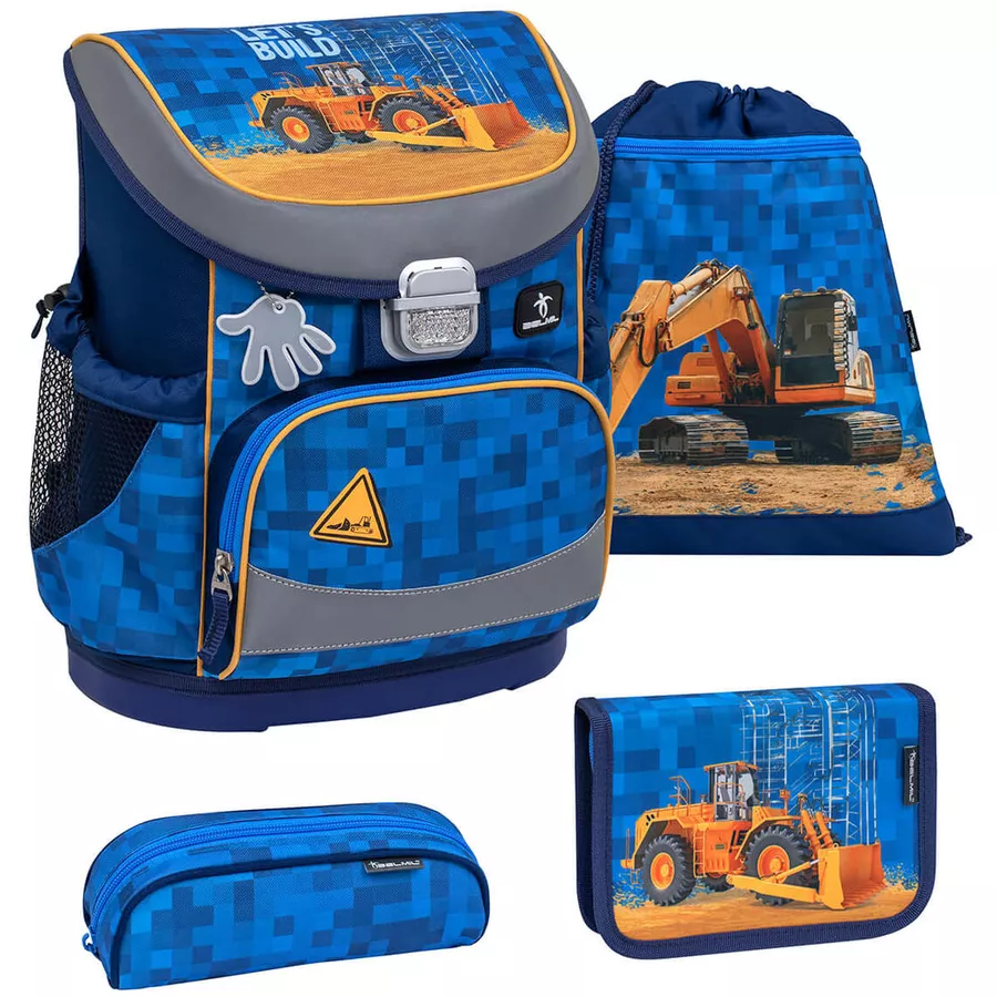 Belmil Schulranzen Mini Fit Schulranzen Set 4-teilig mit Brustgurt Bulldozer