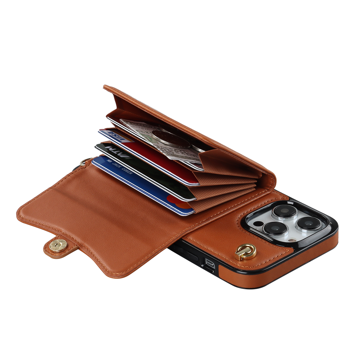iPhone 12 / iPhone 12 Pro Necklace Leder Schutz Hülle mit Kartenfach   Handykette (140cm) - Braun