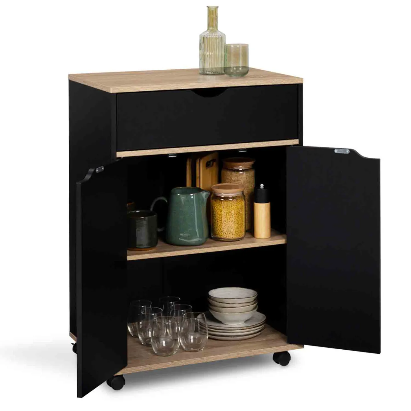 Desserte de cuisine COSY placard avec tiroir bois noir et plateaux façon hêtre L.60 CM