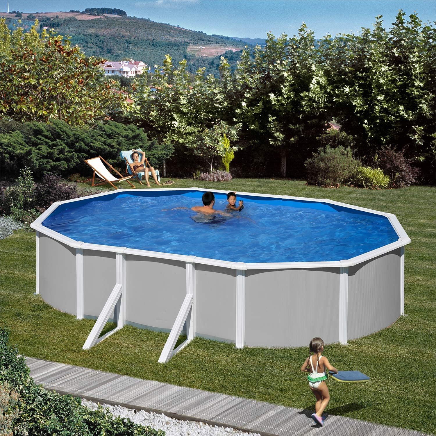 Paradies Pool® Gre Giant oval 300x500x132cm (Ø x H), Komplettset,Stahlwandbecken grau, Poolplane in blau 0,4mm, Handlauf extra breit, inkl. Skimmer-Set und Leiter, Swimmingpool, Menge: 1 Stück