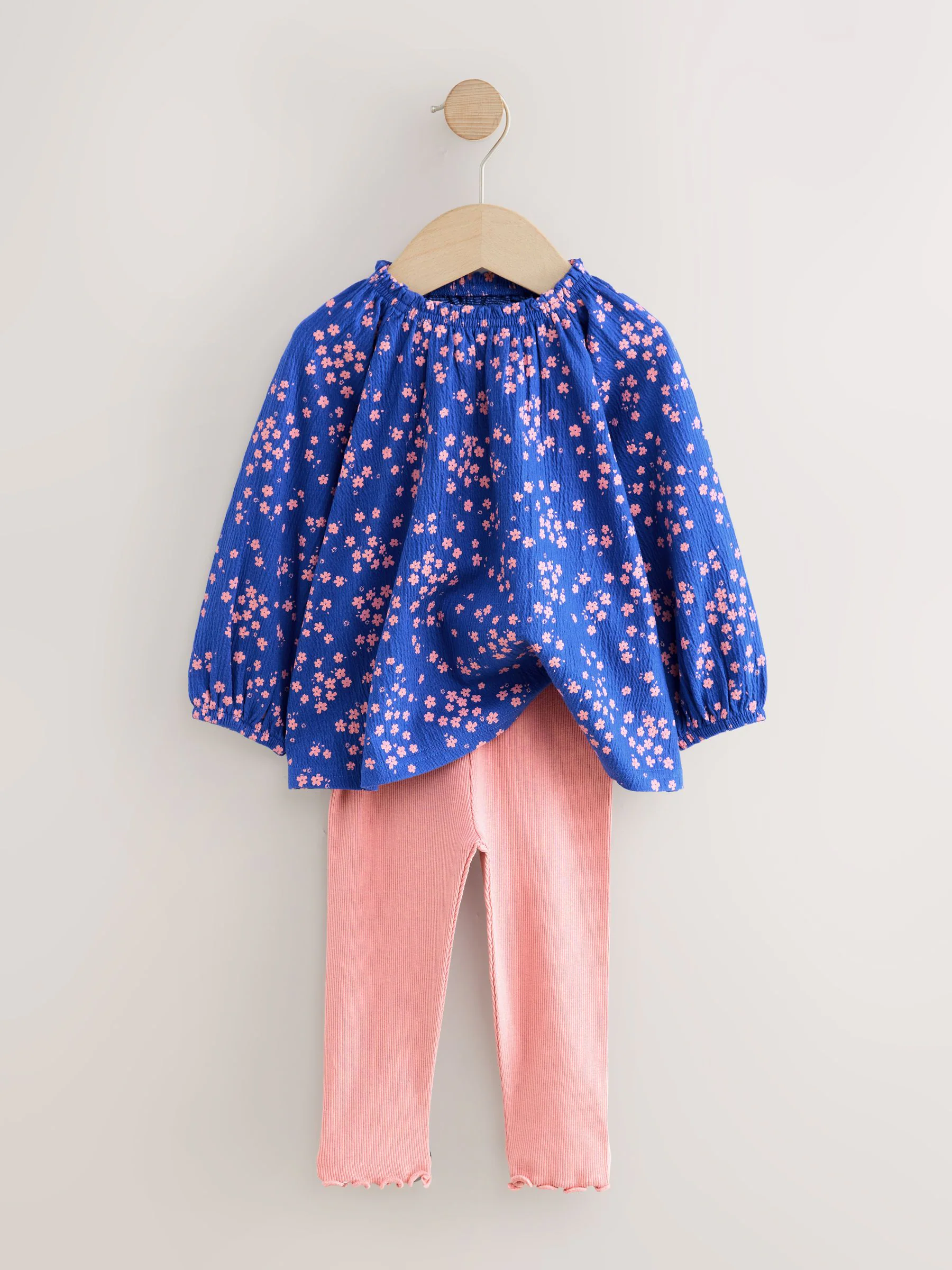 Blauw fijne bloemenprint - Set met blouse met lange mouwen en legging (3mnd-7jr)