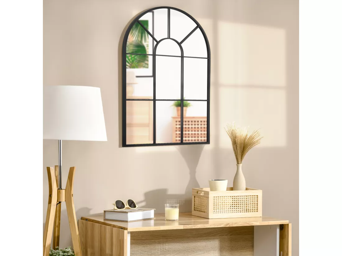 Miroir mural aspect verrière style classique chic - dim. 60L x 90H cm - métal noir verre 3 mm