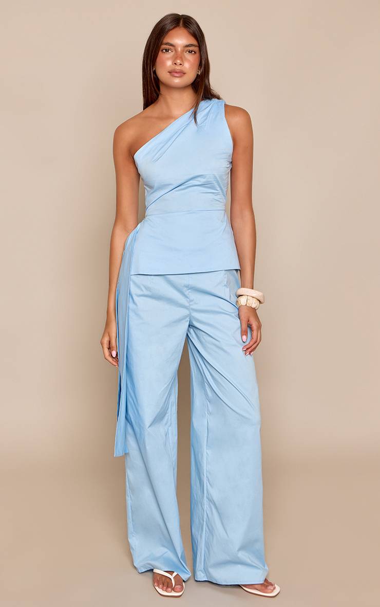 Bleu Layette Pantalon Large À Plis En Popeline - Ensemble Coordonné