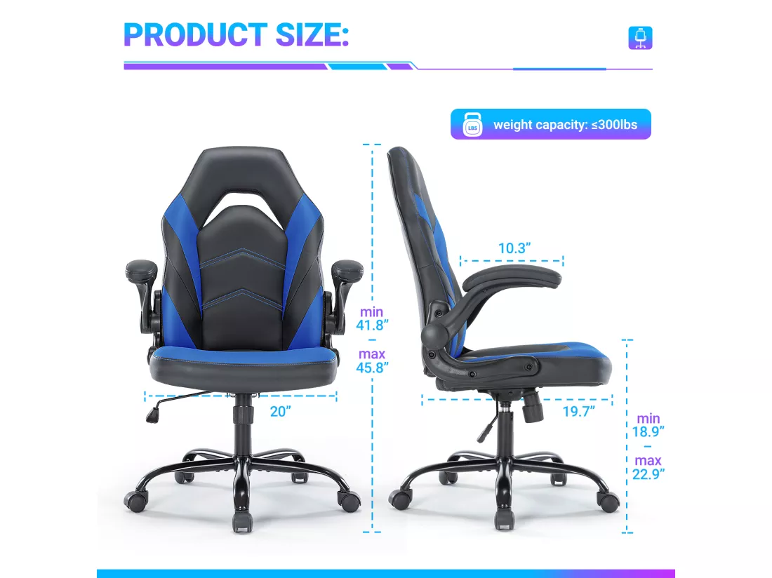 Chaise d'ordinateur,Chaise de bureau pivotante avec support lombaire,Ergonomique,Cuir de PU,Bleu,Noir