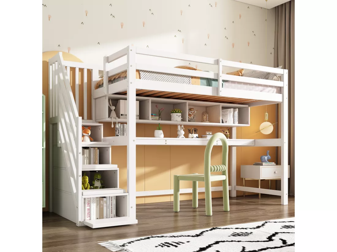 Lit Mezzanine enfant - 90 x 200 cm - avec bureau et étagères - 4 rangements dans l'escalier - bois massif + MDF - blanc