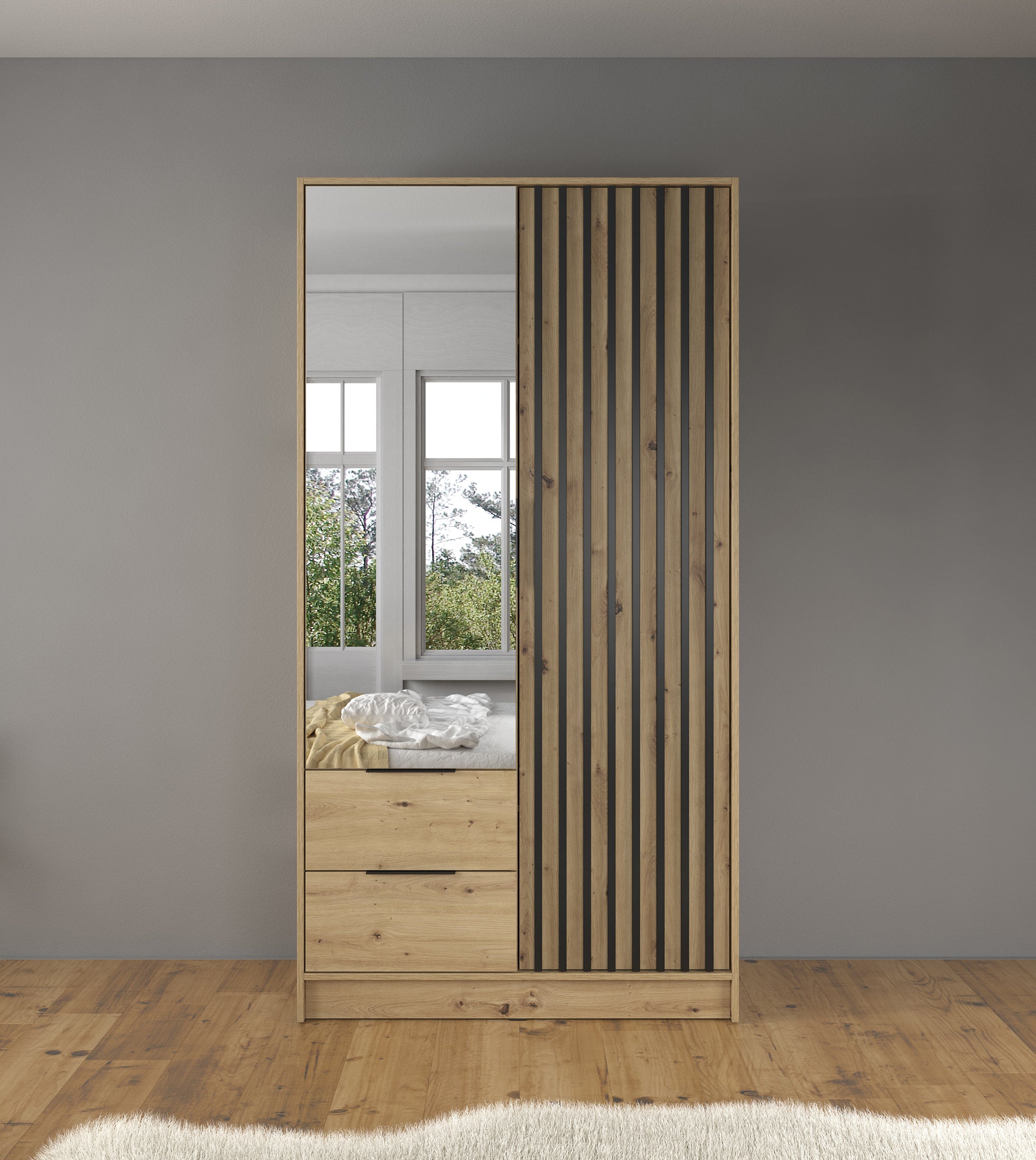 Nairobi - Kledingkast met spiegel - Eiken/zwart - 105x51x200 cm