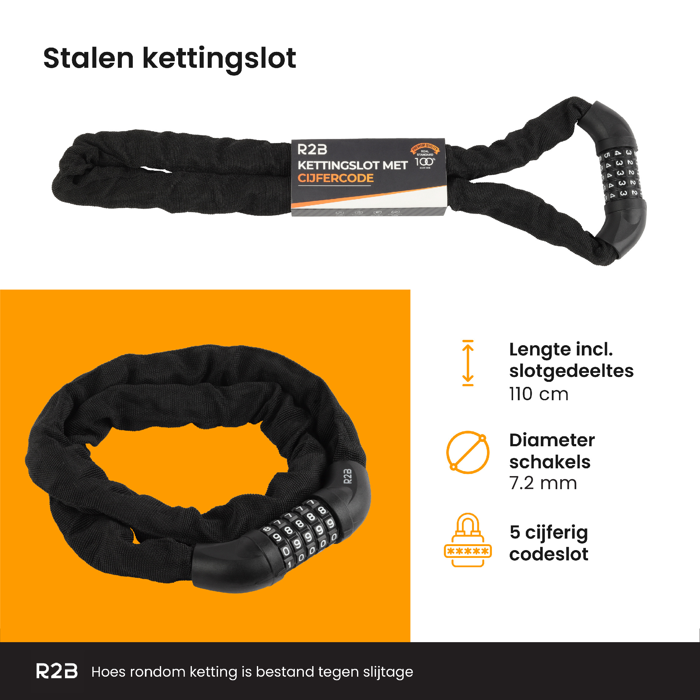 R2B 110 cm fietsslot met cijferslot - Black