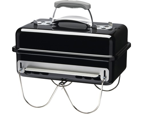 Weber Go Anywhere houtskoolbarbecue, 53 x 31 cm, zwarte geëmailleerde kuip en deksel inclusief aluminium ventilator, dekselgreep met hitteschild, opvouwbare poten van gecoat staal, grillrooster van gecoat staal, houtskoolrooster