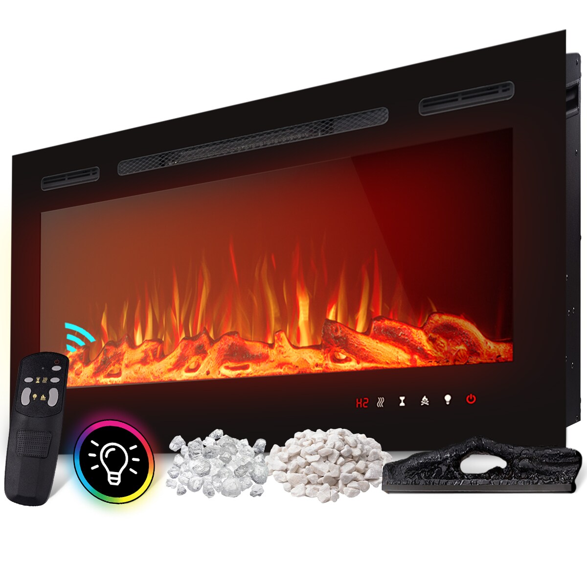 Heidenfeld Elektrokamin HF-WK200, 6 Größen, weiß/schwarz, Wandeinbau, 3D-Flammeneffekt in 10 Farben (Schwarz, 92 x 55 cm)