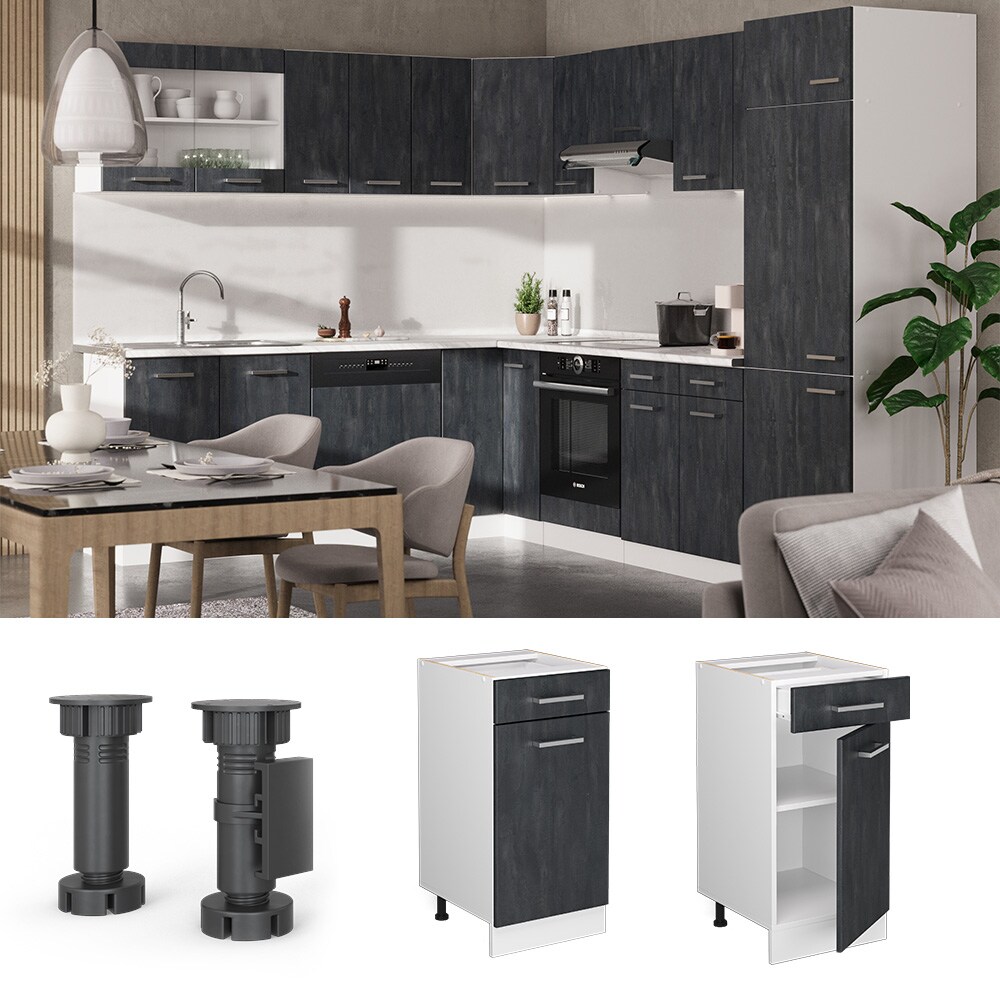Vicco Schubunterschrank R-Line Schwarz Beton Weiß 40 cm mit Arbeitsplatte Anthrazit