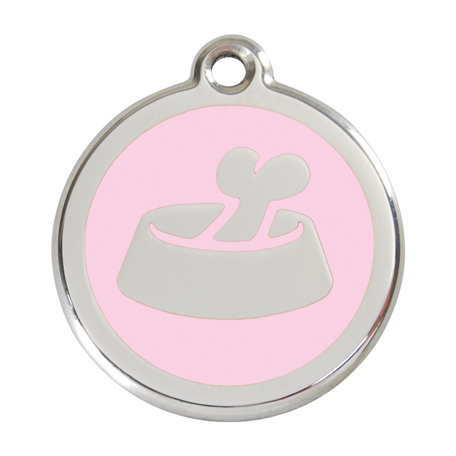 Placa de identificação para cães em aço inoxidável esmaltado com formato de osso em tigela rosa.